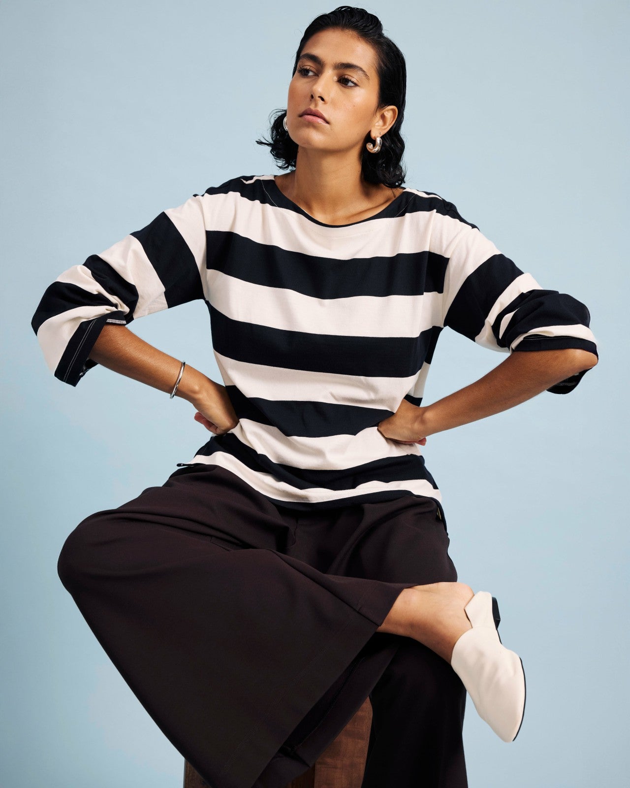 Universal Standard Montauk Breton Stripe Bell Sleeve Top - Ecru/Black Rugby Stripe