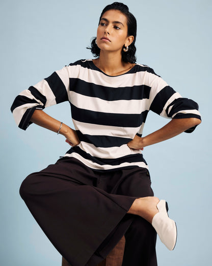 Universal Standard Montauk Breton Stripe Bell Sleeve Top - Ecru/Black Rugby Stripe