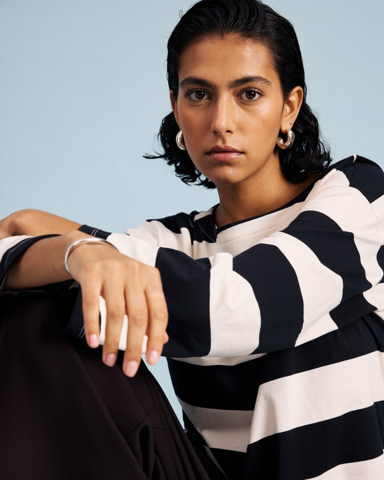 Universal Standard Montauk Breton Stripe Bell Sleeve Top - Ecru/Black Rugby Stripe