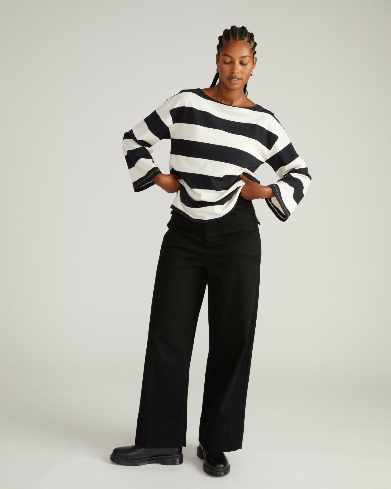 Universal Standard Montauk Breton Stripe Bell Sleeve Top - Ecru/Black Rugby Stripe