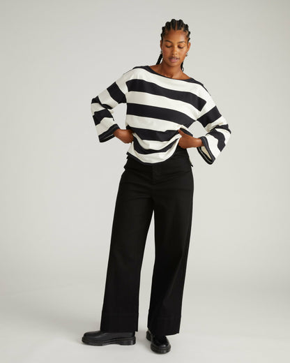 Universal Standard Montauk Breton Stripe Bell Sleeve Top - Ecru/Black Rugby Stripe