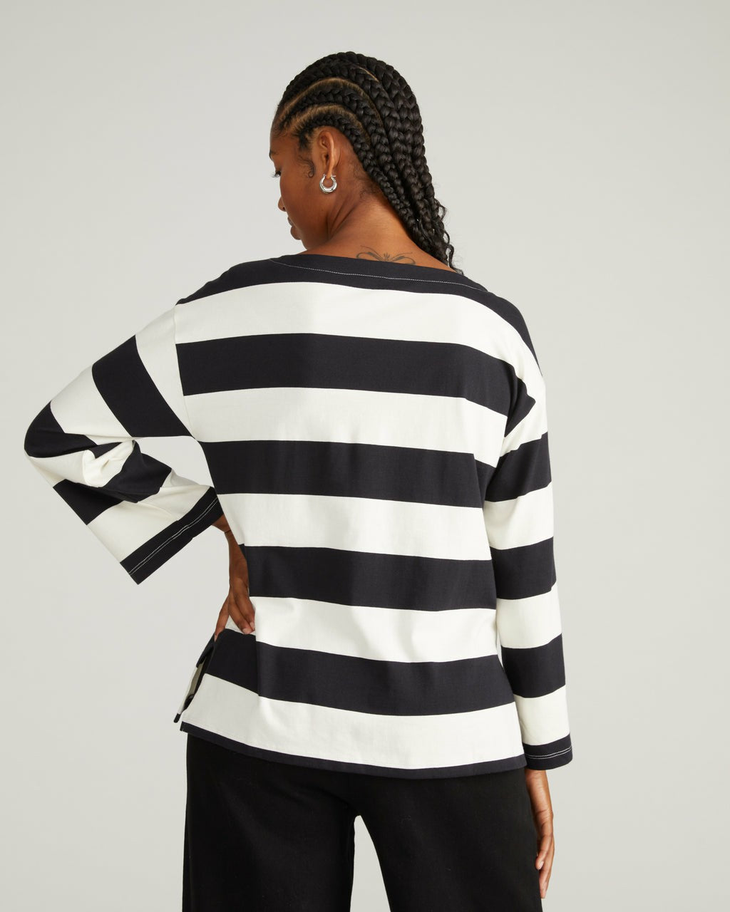 Universal Standard Montauk Breton Stripe Bell Sleeve Top - Ecru/Black Rugby Stripe