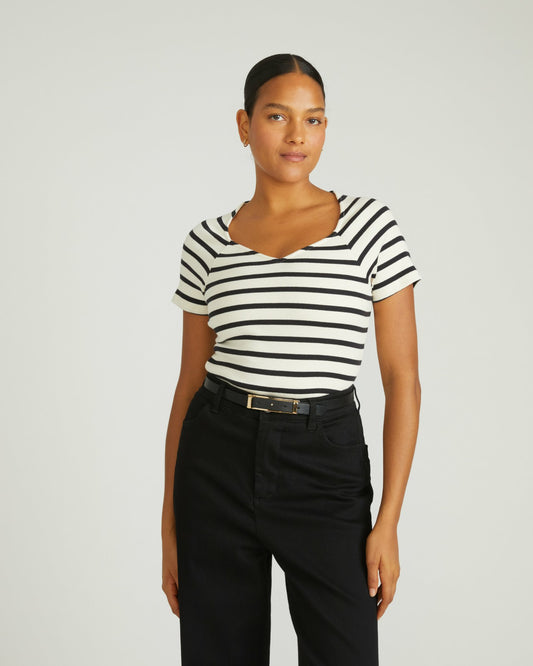 Universal Standard Carey Ribbed Sweetheart Tee - Ecru/Black Stripe