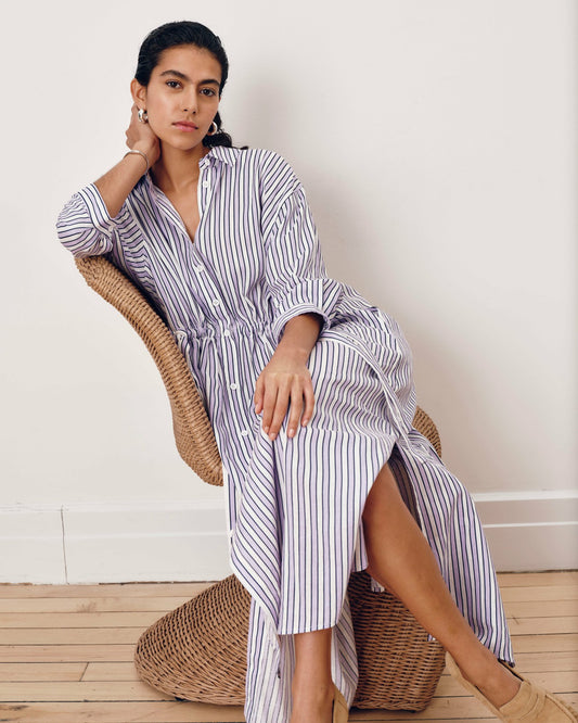 Universal Standard Paros Drawstring Linen Blend Shirtdress - Lilac Stripe Print