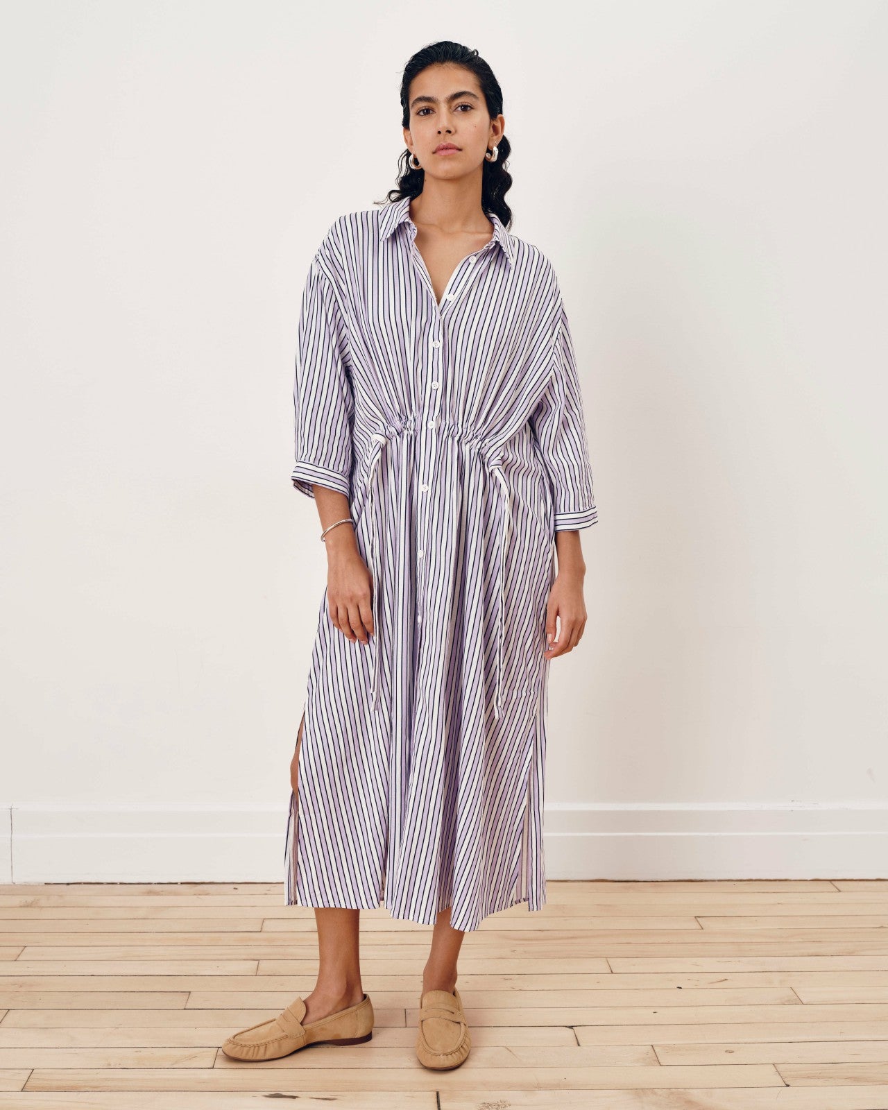 Universal Standard Paros Drawstring Linen Blend Shirtdress - Lilac Stripe Print