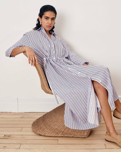 Universal Standard Paros Drawstring Linen Blend Shirtdress - Lilac Stripe Print