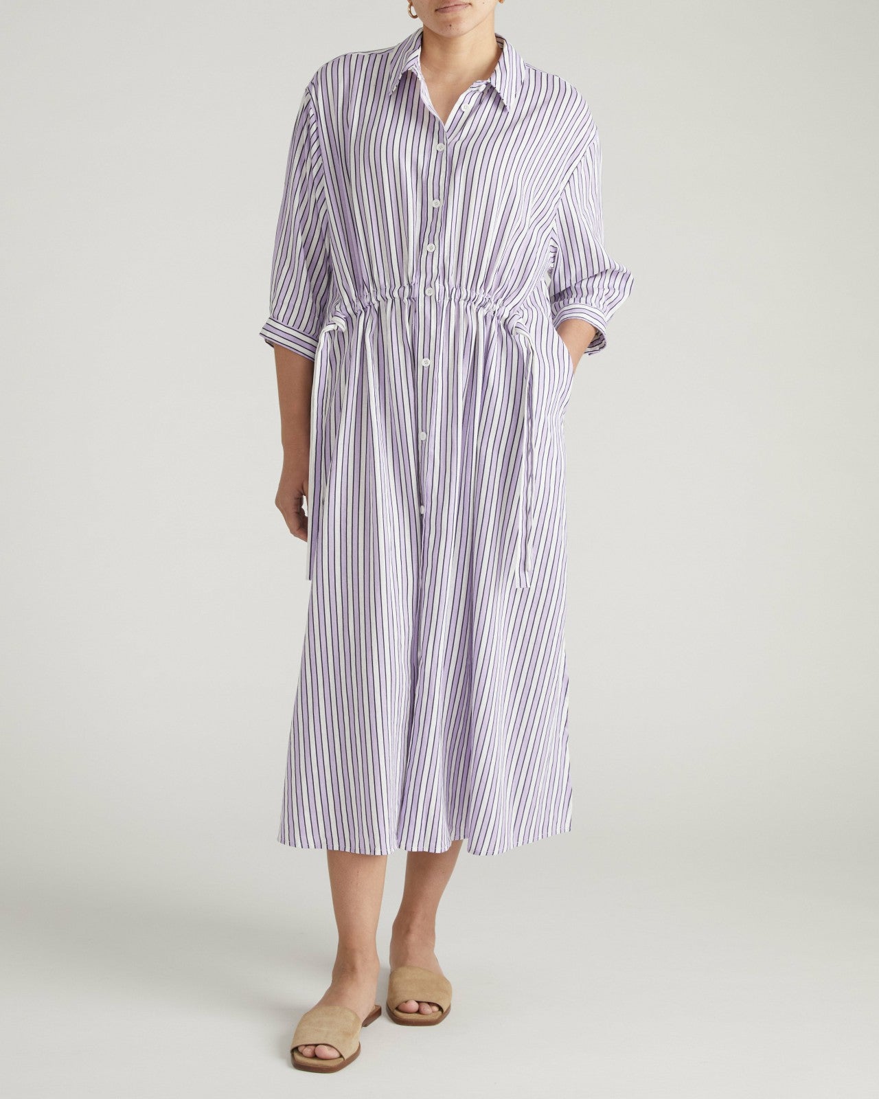 Universal Standard Paros Drawstring Linen Blend Shirtdress - Lilac Stripe Print