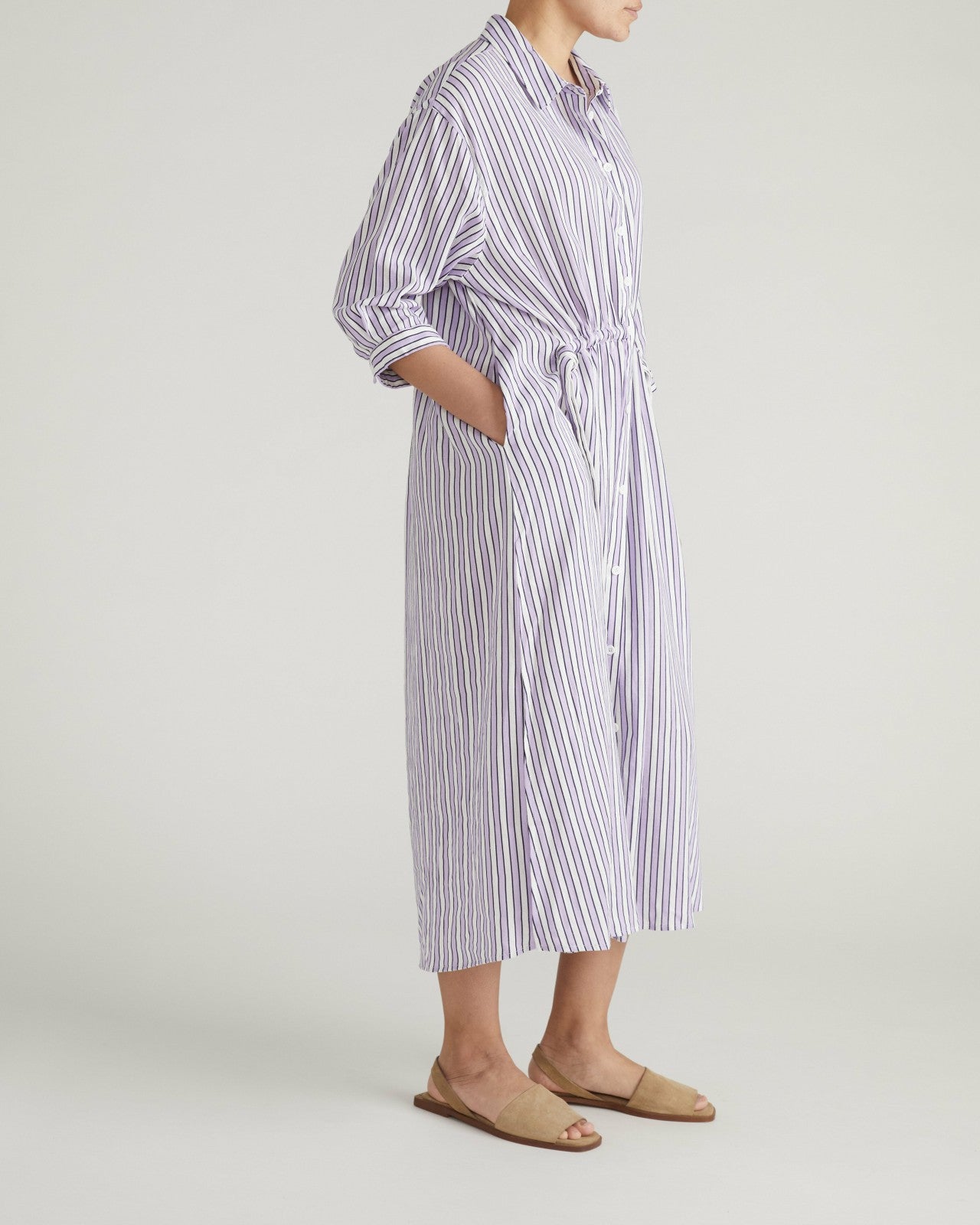 Universal Standard Paros Drawstring Linen Blend Shirtdress - Lilac Stripe Print