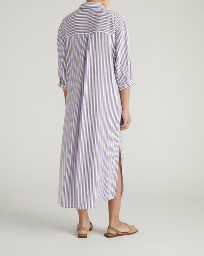 Universal Standard Paros Drawstring Linen Blend Shirtdress - Lilac Stripe Print