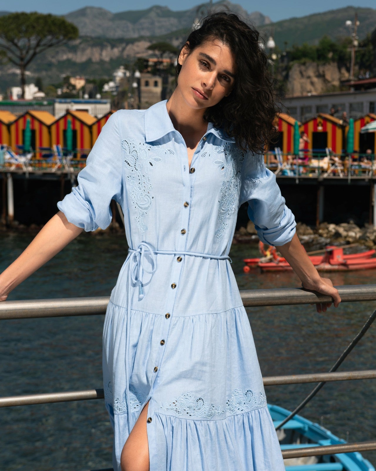 Universal Standard Alix Embroidered Linen Blend Shirtdress - Cielo Blue