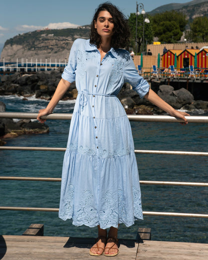 Universal Standard Alix Embroidered Linen Blend Shirtdress - Cielo Blue