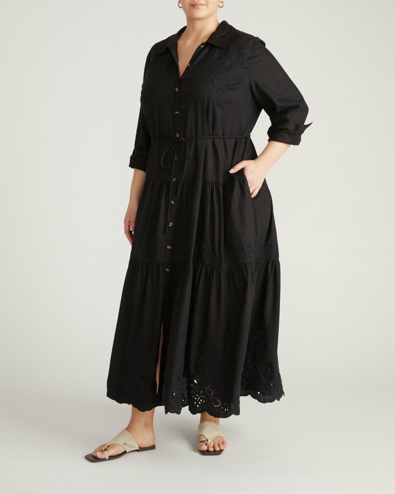 Universal Standard Alix Embroidered Linen Blend Shirtdress - Black