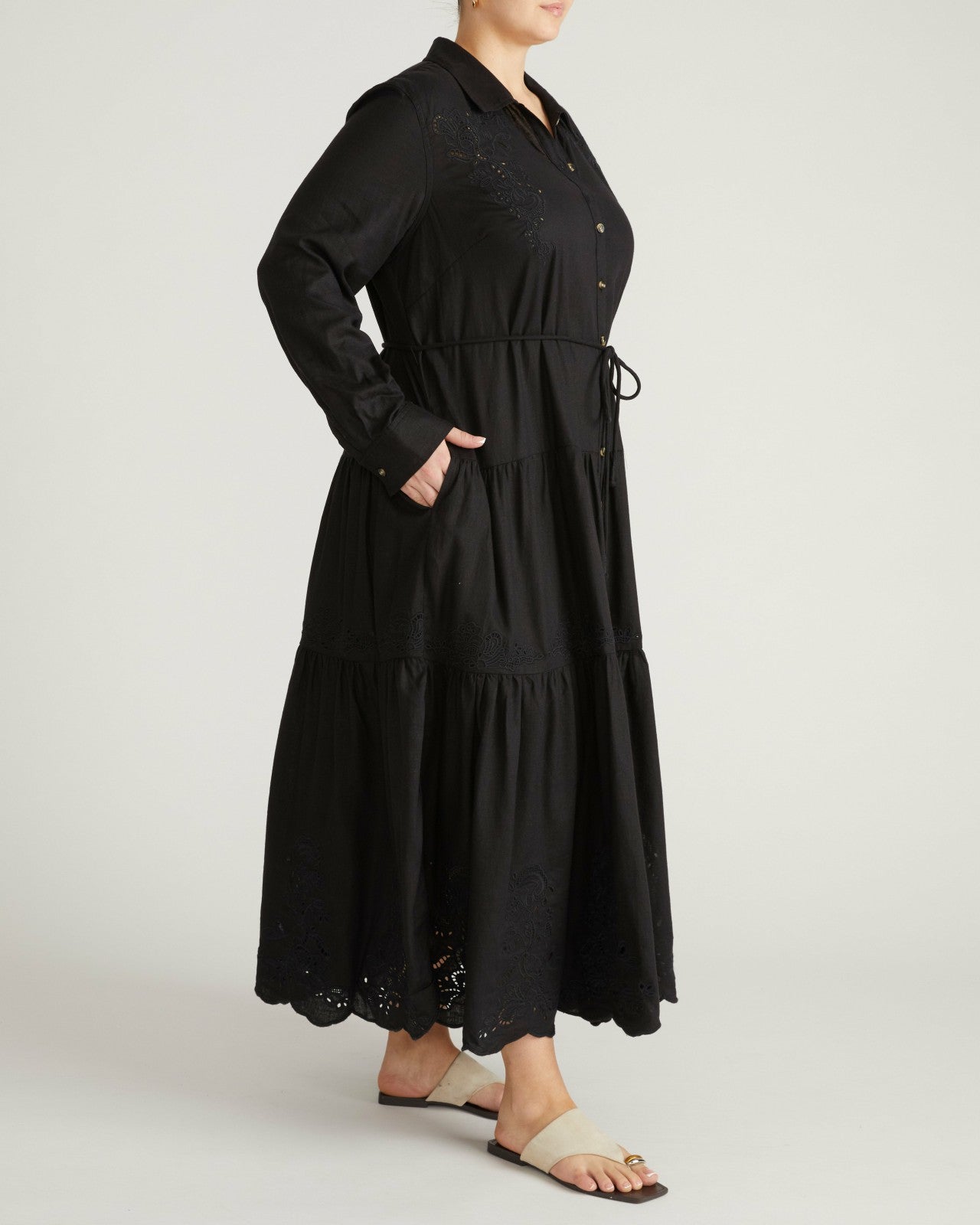Universal Standard Alix Embroidered Linen Blend Shirtdress - Black