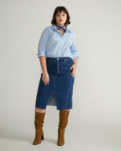 Universal Standard Elbe Stretch Poplin Shirt Classic Fit - Blue/White Stripe