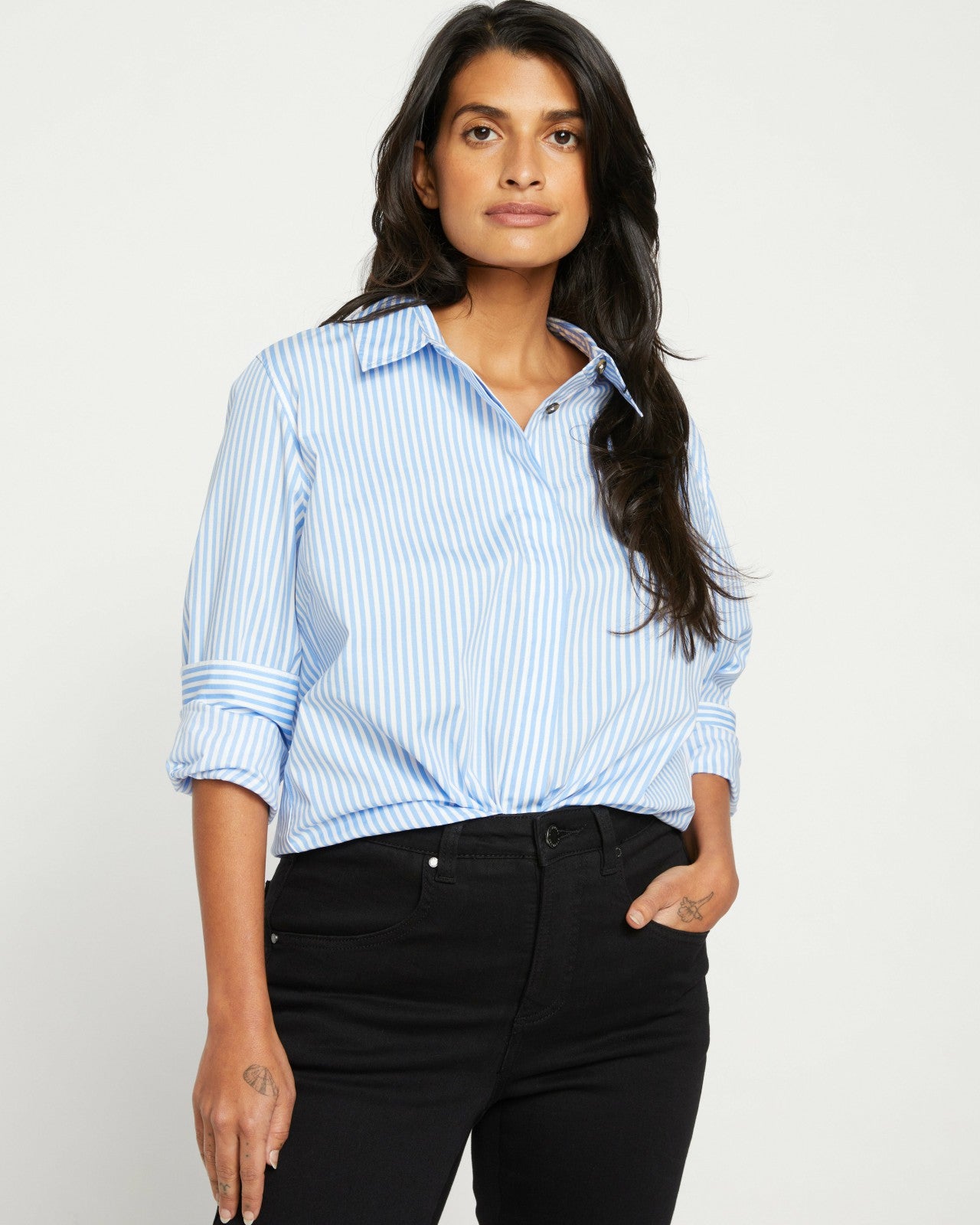 Universal Standard Elbe Stretch Poplin Shirt Classic Fit - Blue/White Stripe