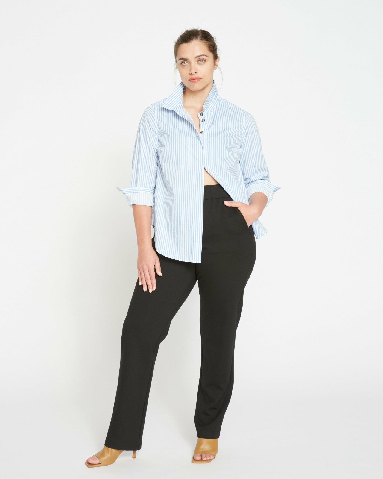 Universal Standard Elbe Stretch Poplin Shirt Classic Fit - Blue/White Stripe