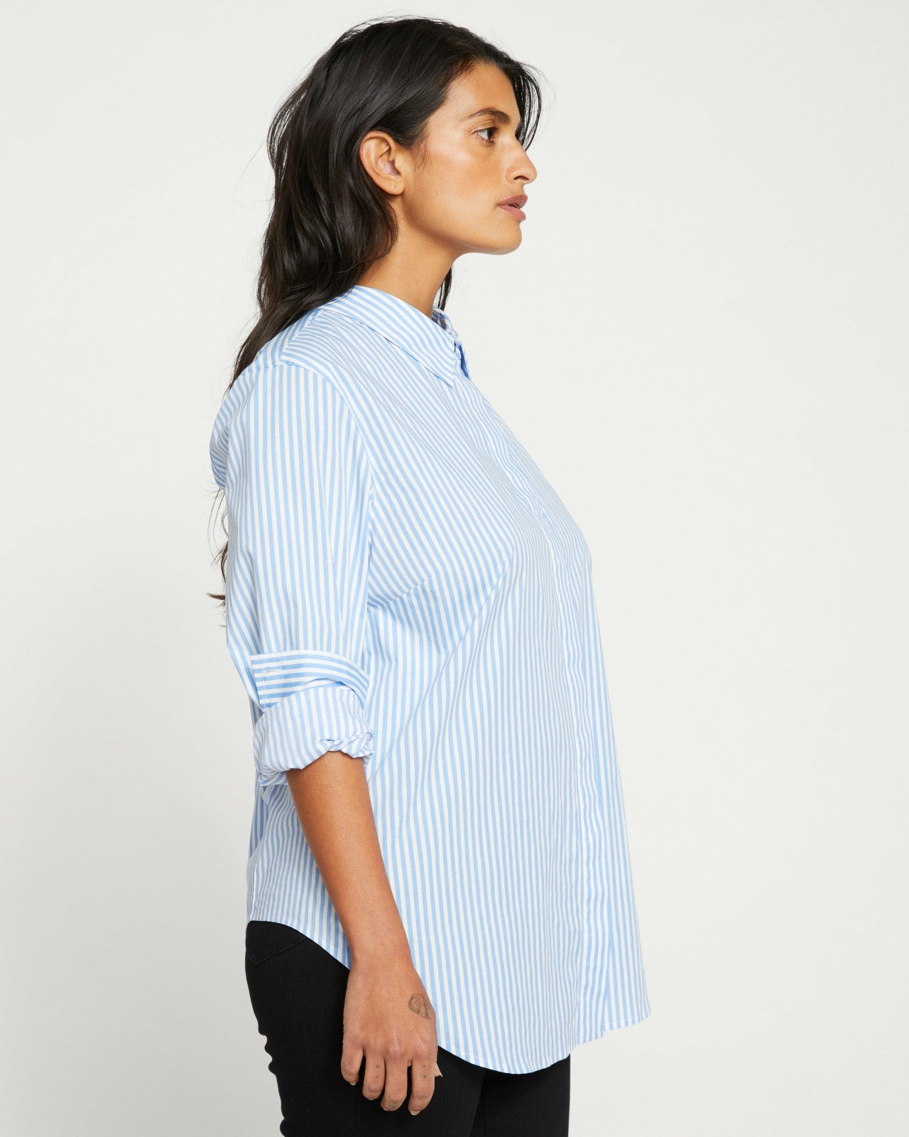 Universal Standard Elbe Stretch Poplin Shirt Classic Fit - Blue/White Stripe