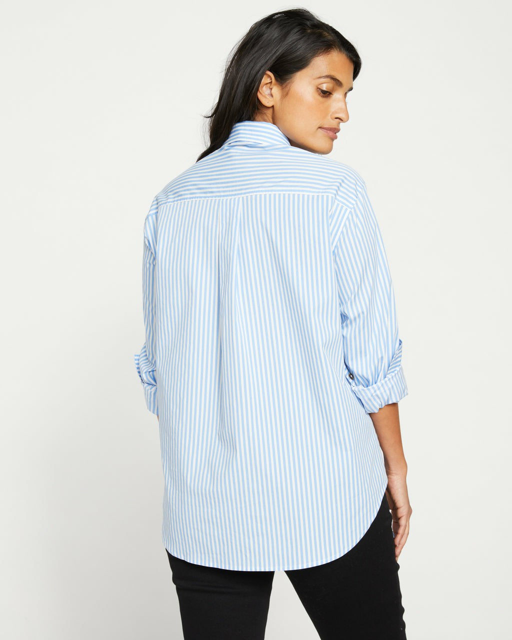 Universal Standard Elbe Stretch Poplin Shirt Classic Fit - Blue/White Stripe