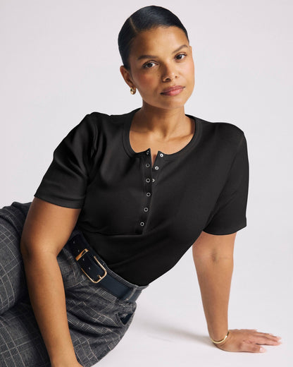 Universal Standard Henley Short Sleeve Ribbed Tee - Black