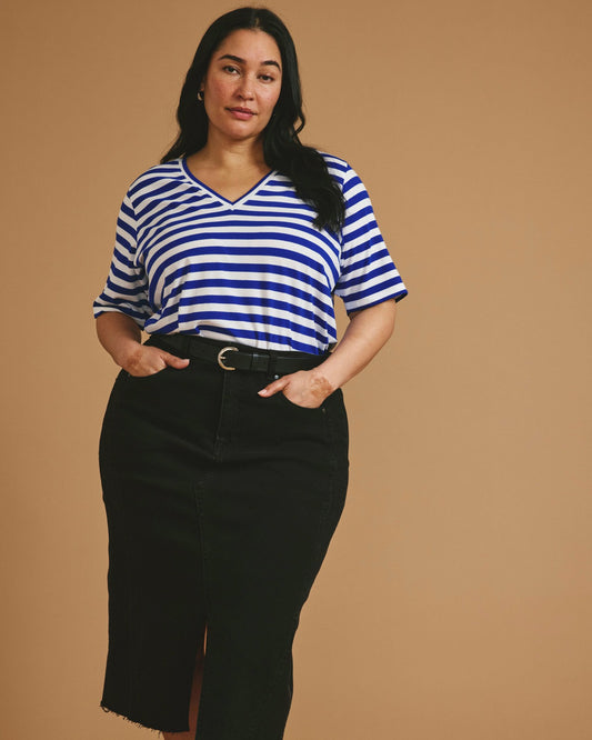 Universal Standard Maia Stovepipe Sleeve V Neck Tee - Hammersmith Blue/White Stripe
