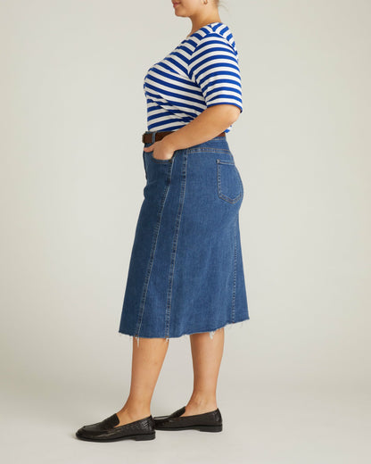 Universal Standard Maia Stovepipe Sleeve V Neck Tee - Hammersmith Blue/White Stripe