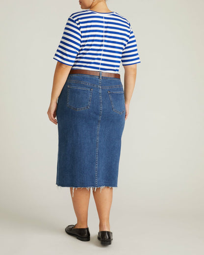 Universal Standard Maia Stovepipe Sleeve V Neck Tee - Hammersmith Blue/White Stripe