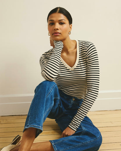 Universal Standard Long Sleeve V Rex - Ecru/Black Stripe