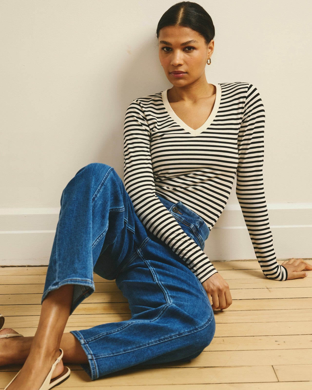 Universal Standard Long Sleeve V Rex - Ecru/Black Stripe