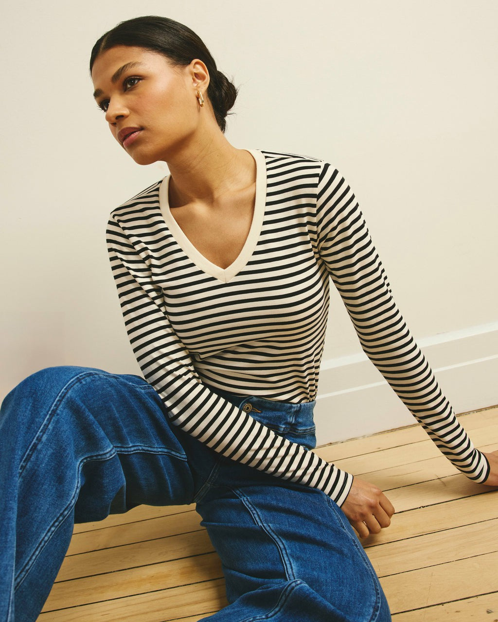 Universal Standard Long Sleeve V Rex - Ecru/Black Stripe