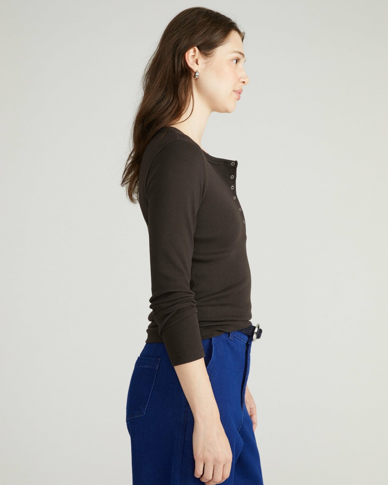 Universal Standard Henley Long Sleeve Ribbed Tee - Espresso