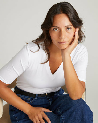 Universal Standard Maia Stovepipe Sleeve V Neck Tee - White