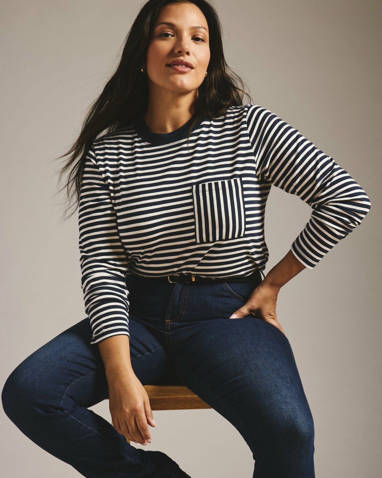 Universal Standard Long Sleeve Garcon Tee - Navy/White Stripe
