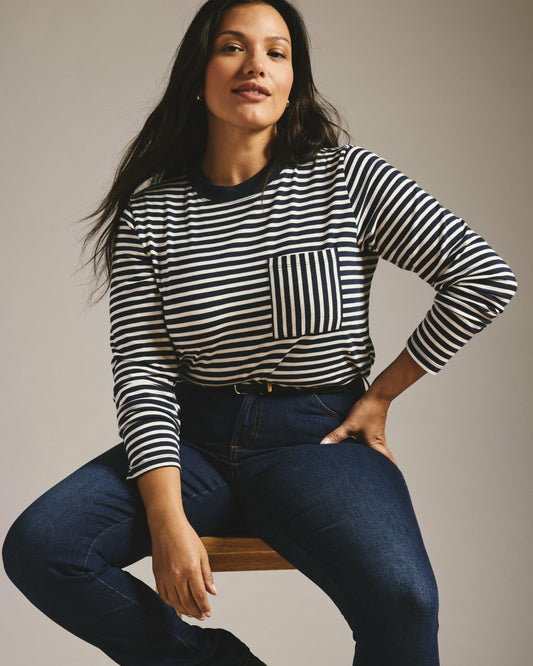 Universal Standard Long Sleeve Garcon Tee - Navy/White Stripe