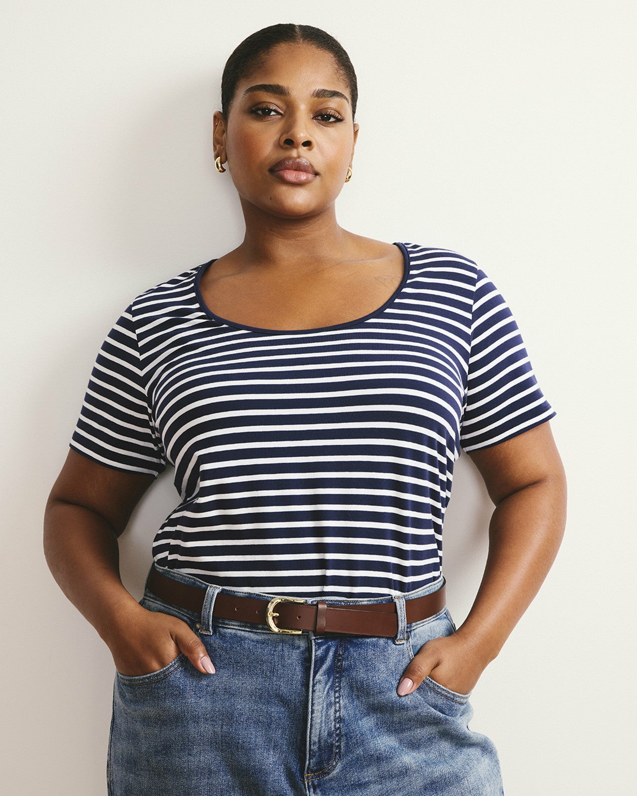 Universal Standard Scoop Neck Tee - Navy/White Stripe